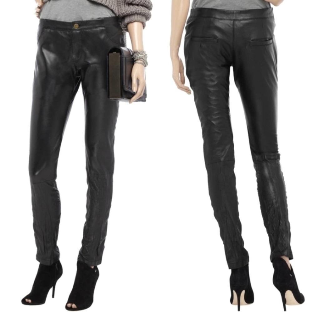 SARA BERMAN Black 100% Leather Mid Rise Skinny Pant Size Large
